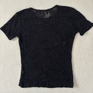 DANA BUCHMAN Beaded Stretch Navy Blue Elegant Blouse